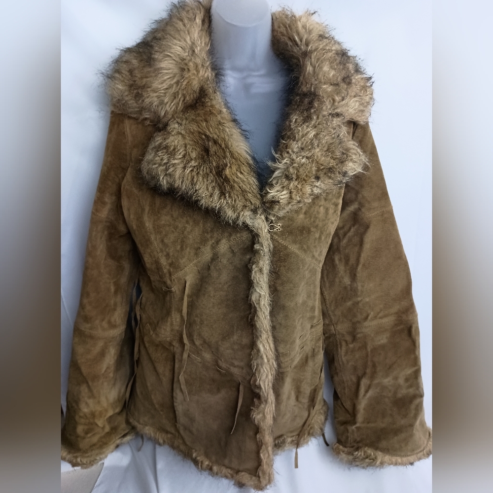 XOXO coatigan leather sherpa vintage brown Y2K‎  Winter Faux Fur Trimmed Jacket - Picture 6 of 12